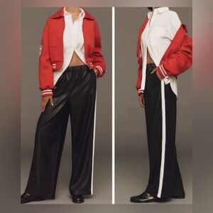 Maeve Anthropologie Faux Leather Wide-Leg Track Pants with White Side Stripe